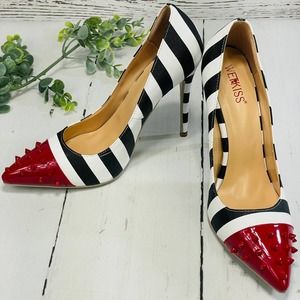Wet Kiss Black and White Stripe Pumps with Red Spike Pointed Toe